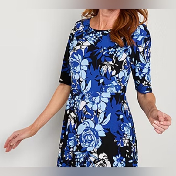 Black Label Evan-Picone Short Sleeve Floral Midi Fit + Flare Dress 18 New - Picture 2 of 4